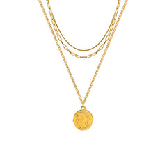 18K Gold-Plated Portrait Coin Triple-Layer Necklace