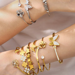 Floral & Butterfly Stainless Steel Bangle Bracelets