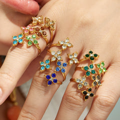 Color Cubic Zirconia Four-Petal Flower Ring
