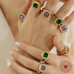 Purple Cubic Zirconia & Green Glass Statement Rings
