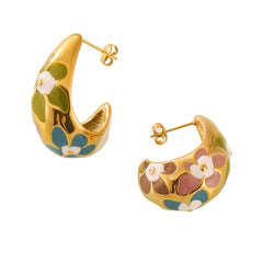 Floral Enamel Rounded Hoop Earrings