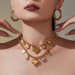 18K Gold-Plated Heart and Bear Charm Beaded Necklace