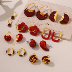 18K Gold-Plated Deep Red Enamel Earrings