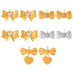 Bow Glass-Accent Stainless Steel Stud Earrings