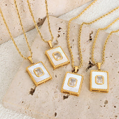 White Shell and Cubic Zirconia Rectangle Necklace