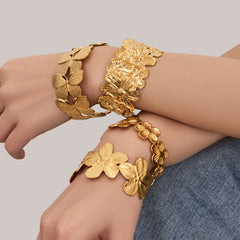 18K Gold-Plated Openwork Flower & Butterfly Cuff Bracelets