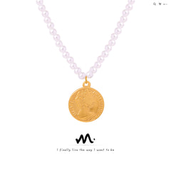 Faux Pearl Portrait Coin Pendant Necklace