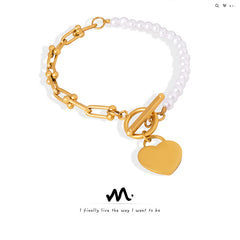 Pearl-Look Heart Charm Toggle Bracelet