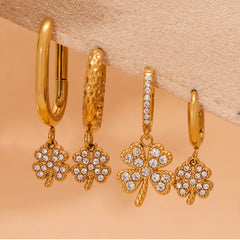 Cubic Zirconia Clover Charm Hoop Earrings