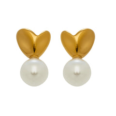 18K Gold-Plated Heart and Faux Pearl Stud Earrings