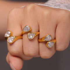 18K Gold-Plated Twin Teardrop Cubic Zirconia Ring