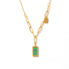 18K Gold-Plated Green Striped Rectangle Pendant Necklace