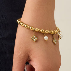 Beaded Open Cuff with Clover & Pearl-Look Charms