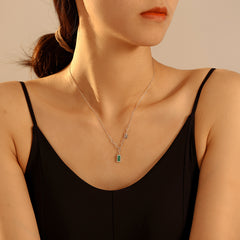 18K Gold-Plated Green Striped Rectangle Pendant Necklace