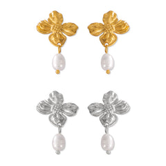 Textured Flower Freshwater Pearl Drop Earrings