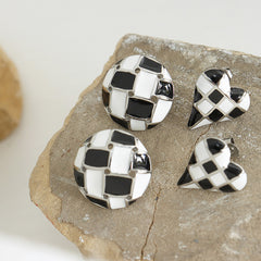 Checkerboard Enamel Heart or Round Stud Earrings