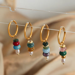 Natural Stone Bead Drop Hoop Earrings