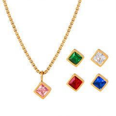 Square Cubic Zirconia or Glass Pendant Necklace