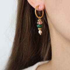 Natural Stone Bead Drop Hoop Earrings