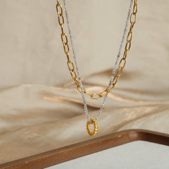 Natural Stone Bead & Paperclip Layered Necklace