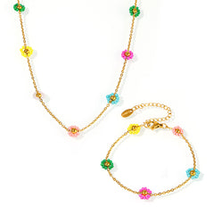 Glass Flower Bead Necklace & Bracelet