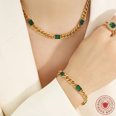 Green Glass Curb Chain Necklace & Bracelet