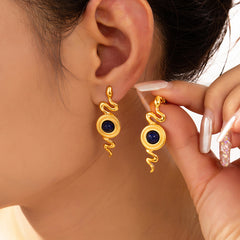 Snake-Shaped Round Stone Drop Earrings