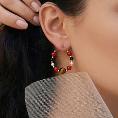 Natural Stone & Pearl-Look Beaded Hoop Earrings