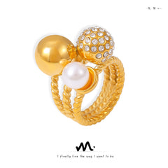 18K Gold-Plated Pearl-Look and Sparkling Bead Ring