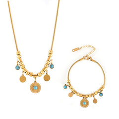 18K Gold-Plated Blue Stone Disc Charm Necklace & Bracelet