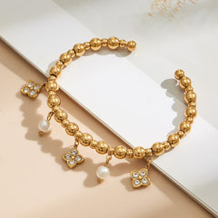 Beaded Open Cuff with Clover & Pearl-Look Charms