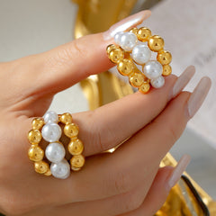 Gold-Tone Shell Pearl-Look Multi-Row Ring