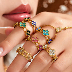 18K Gold-Plated Color Cubic Zirconia Clover Ring