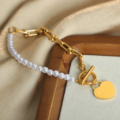 Pearl-Look Heart Charm Toggle Bracelet