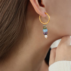 Natural Stone Bead Drop Hoop Earrings