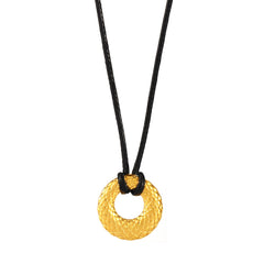 Textured Disc Pendant Black Cord Necklace