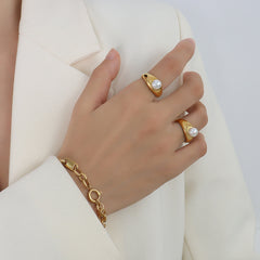 18K Gold-Plated Faux Pearl Accent Band Ring