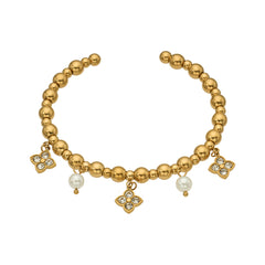 Beaded Open Cuff with Clover & Pearl-Look Charms