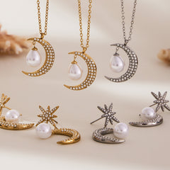 Cubic Zirconia Crescent Pearl-Look Necklace or Earrings