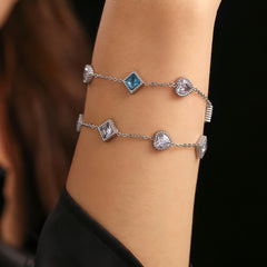 Cubic Zirconia Heart & Square Station Bracelet