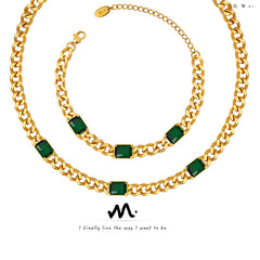 Green Glass Curb Chain Necklace & Bracelet