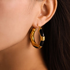 Black Enamel Patterned Hollow Hoop Earrings