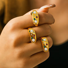 18K Gold-Plated Pearl-Look & Colorful Stone Open Ring