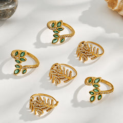 18K Gold-Plated Cubic Zirconia Leaf Ring Designs