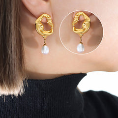 18K Gold-Plated Organic Hoop Freshwater Pearl Drop Earrings