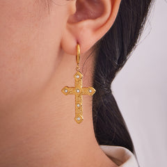 18K Gold-Plated Cubic Zirconia Cross Drop Earrings