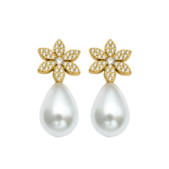 Floral Cubic Zirconia Pearl-Look Drop Earrings