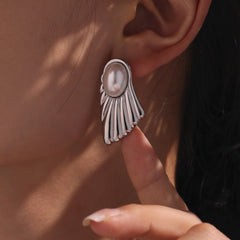 Shell-Pearl Fan-Shaped Stud Earrings