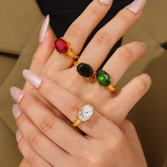 18K Gold-Plated Oval Glass Statement Ring