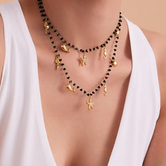 Black Crystal Bead Ocean Charm Necklace